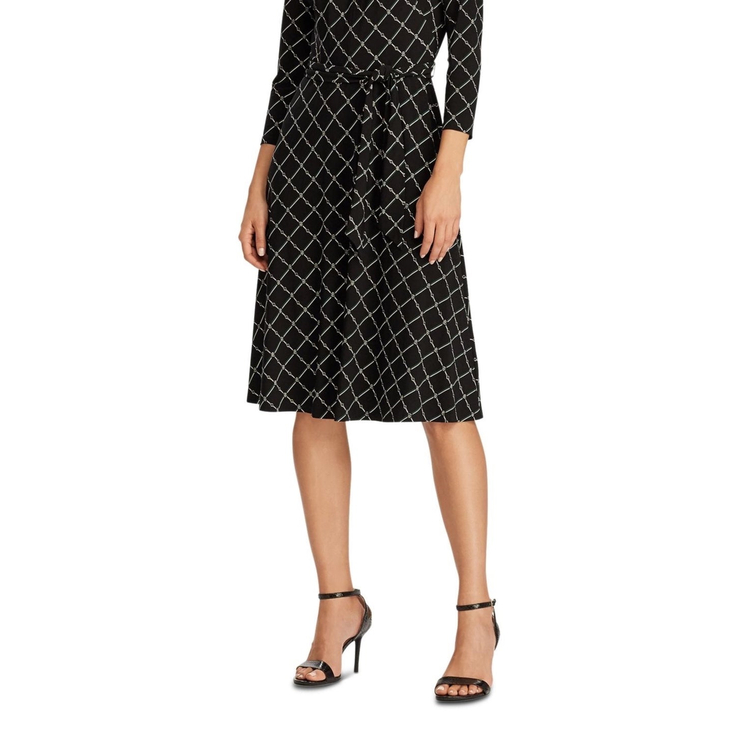 Vestido Ralph Lauren Feminino Preto com Zíper Geométrico e Manga 3/4, Decote Abaixo do Joelho, Bainha para Usar no Trabalho, Preto, Tamanho 6
