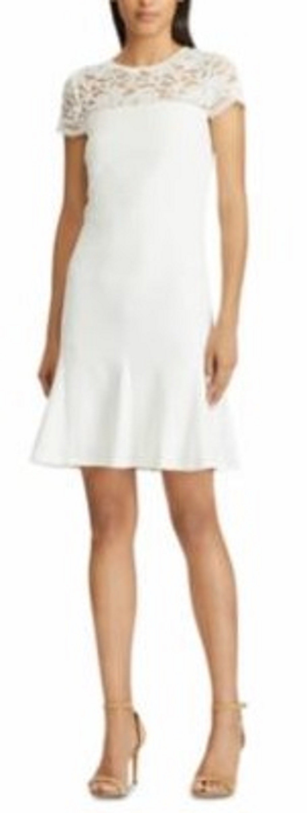 Vestido Ralph Lauren Feminino de Renda com Zíper e Manga Curta, Decote Ilusão Acima do Joelho, Ajuste Flare, Azul Marinho, Tamanho 4 Petite
