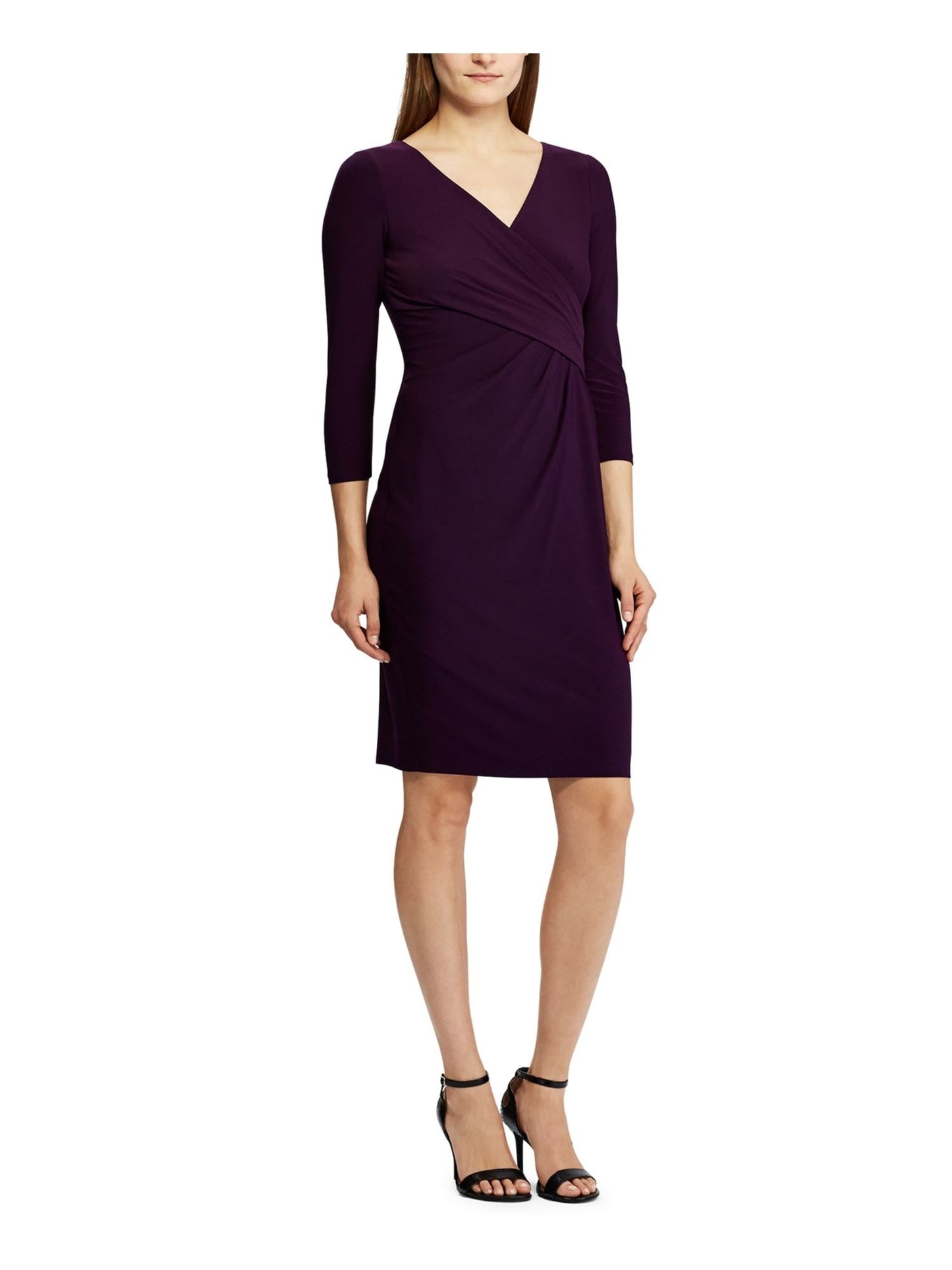 Vestido de festa feminino Ralph Lauren com manga comprida franzida, decote em V e bainha acima do joelho, roxo, tamanho 6P