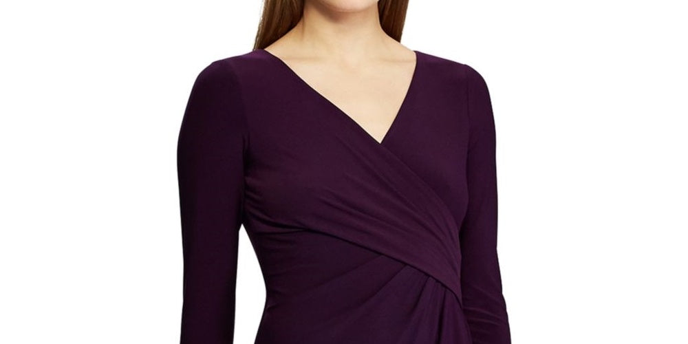 Vestido de festa feminino Ralph Lauren com manga comprida franzida, decote em V e bainha acima do joelho, roxo, tamanho 6P