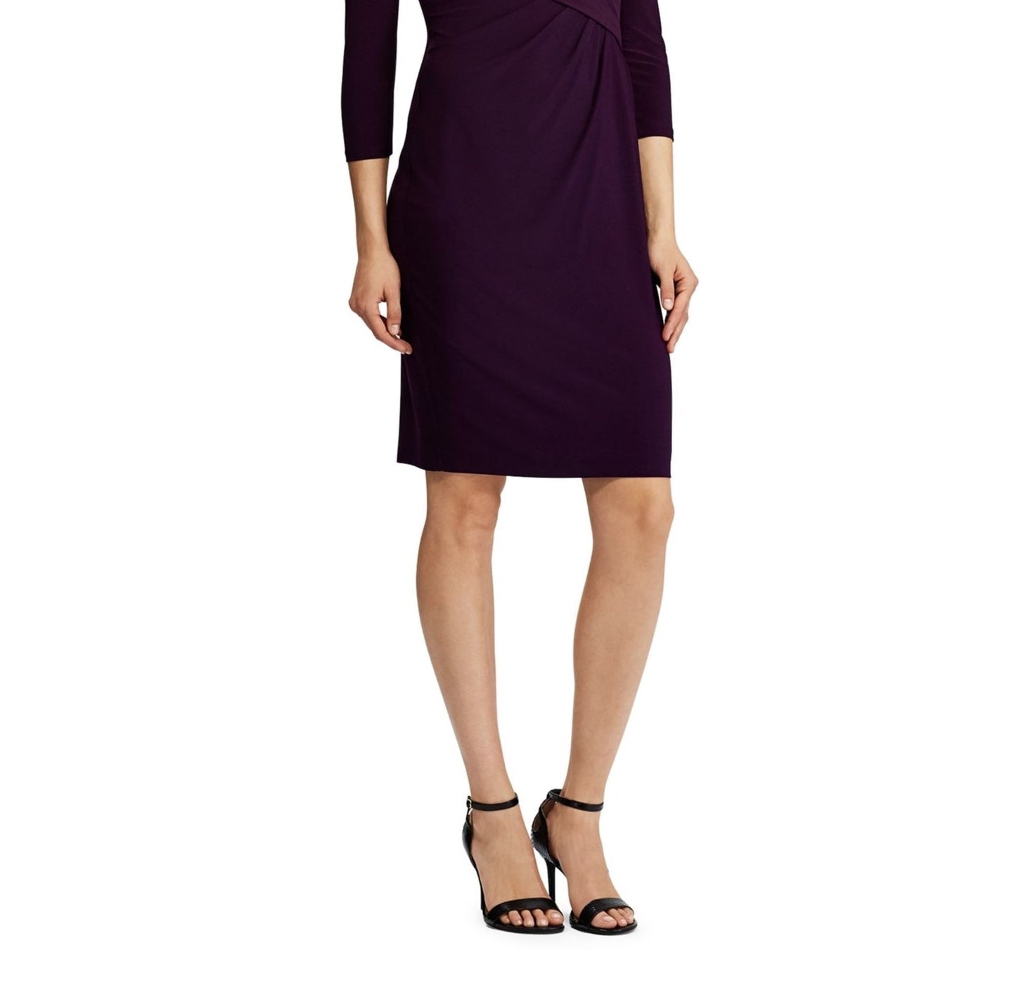 Vestido de festa feminino Ralph Lauren com manga comprida franzida, decote em V e bainha acima do joelho, roxo, tamanho 6P