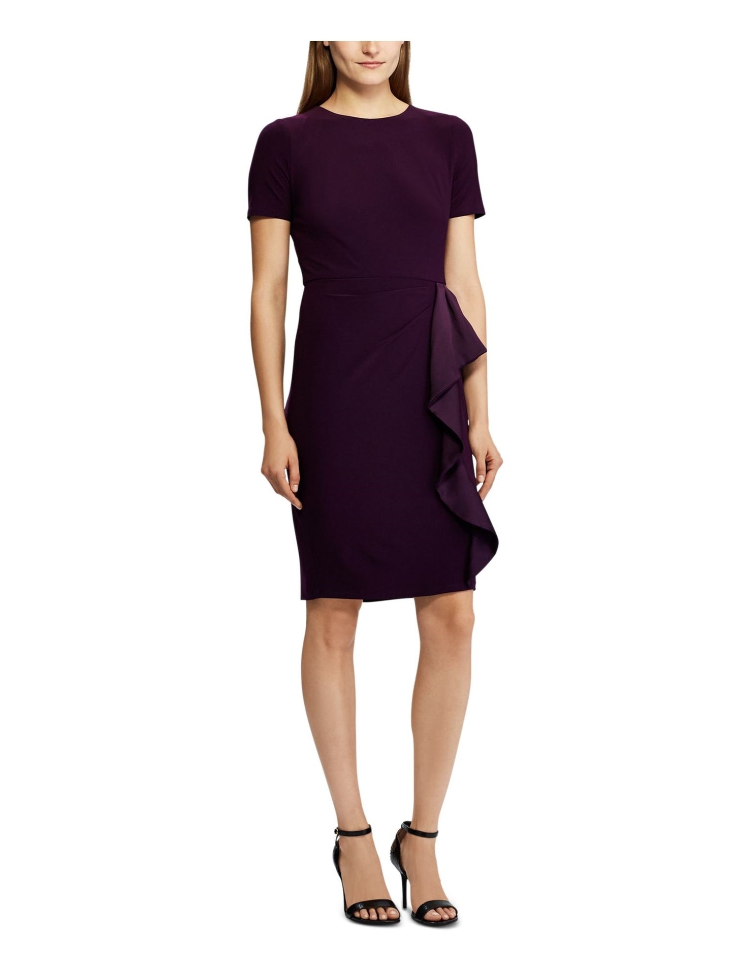Vestido de festa feminino Ralph Lauren roxo com babados, manga curta, gola alta, acima do joelho, tamanho 12 P