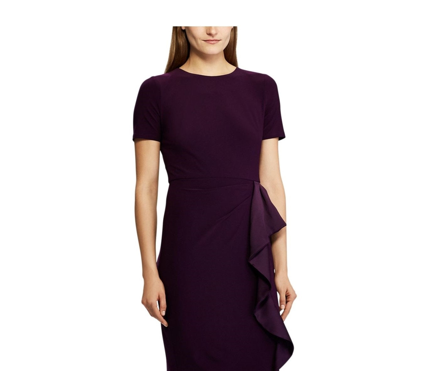 Vestido de festa feminino Ralph Lauren roxo com babados, manga curta, gola alta, acima do joelho, tamanho 12 P
