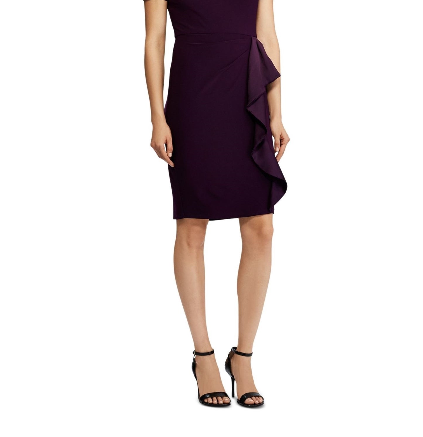 Vestido de festa feminino Ralph Lauren roxo com babados, manga curta, gola alta, acima do joelho, tamanho 12 P