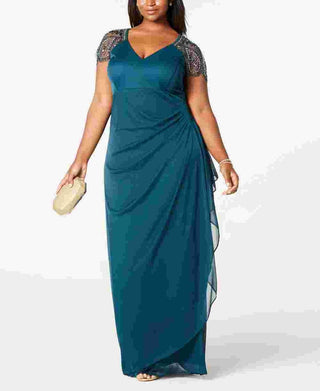 Xscape Women's Embellished Mesh Sheath Evening Gown Green Size 14W
