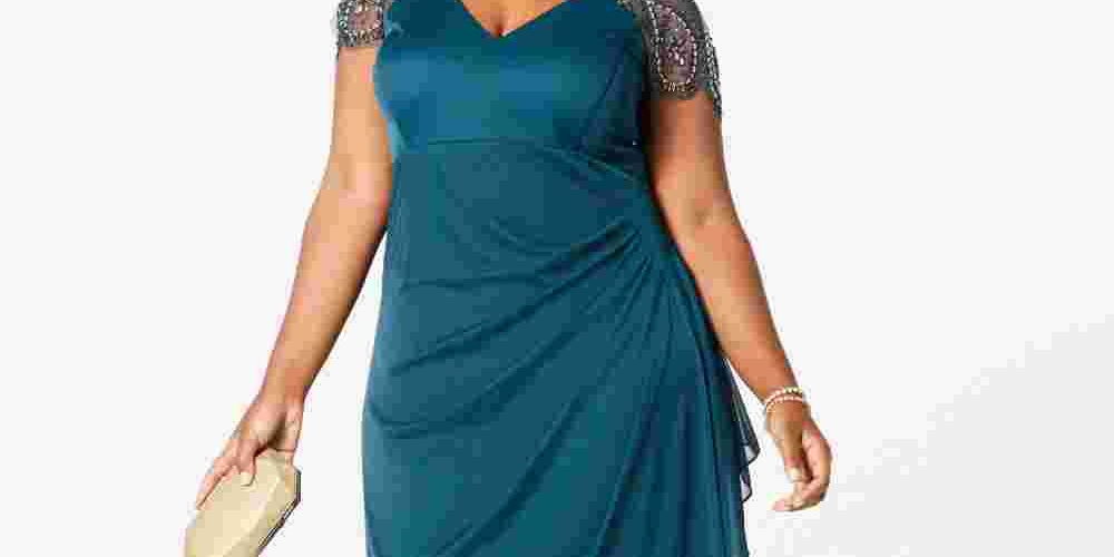 Vestido de noite feminino Xscape com bainha de malha enfeitada, verde, tamanho 14W