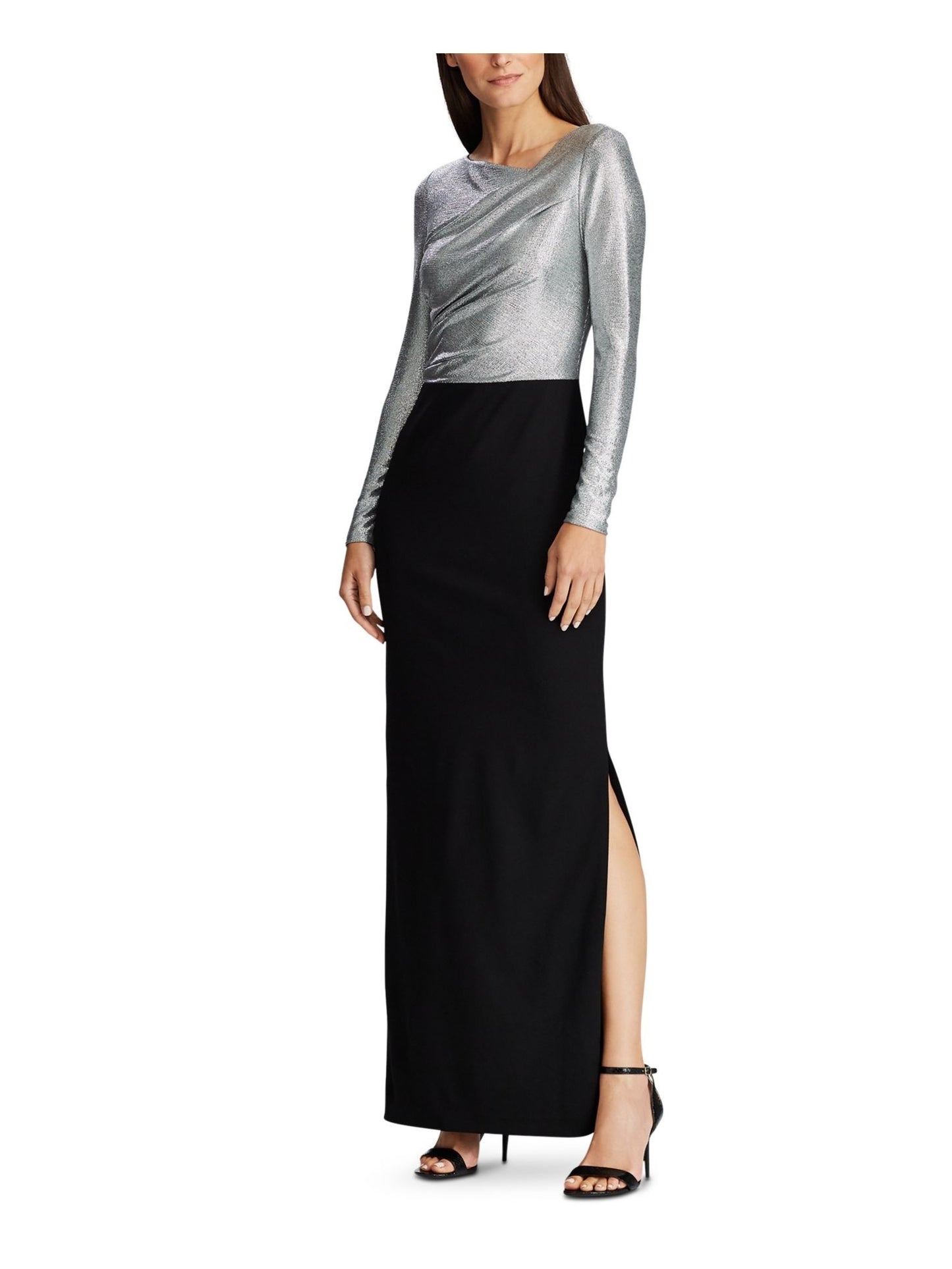 Vestido de festa longo com lantejoulas e decote assimétrico, manga comprida, preto, tamanho 14, da Ralph Lauren