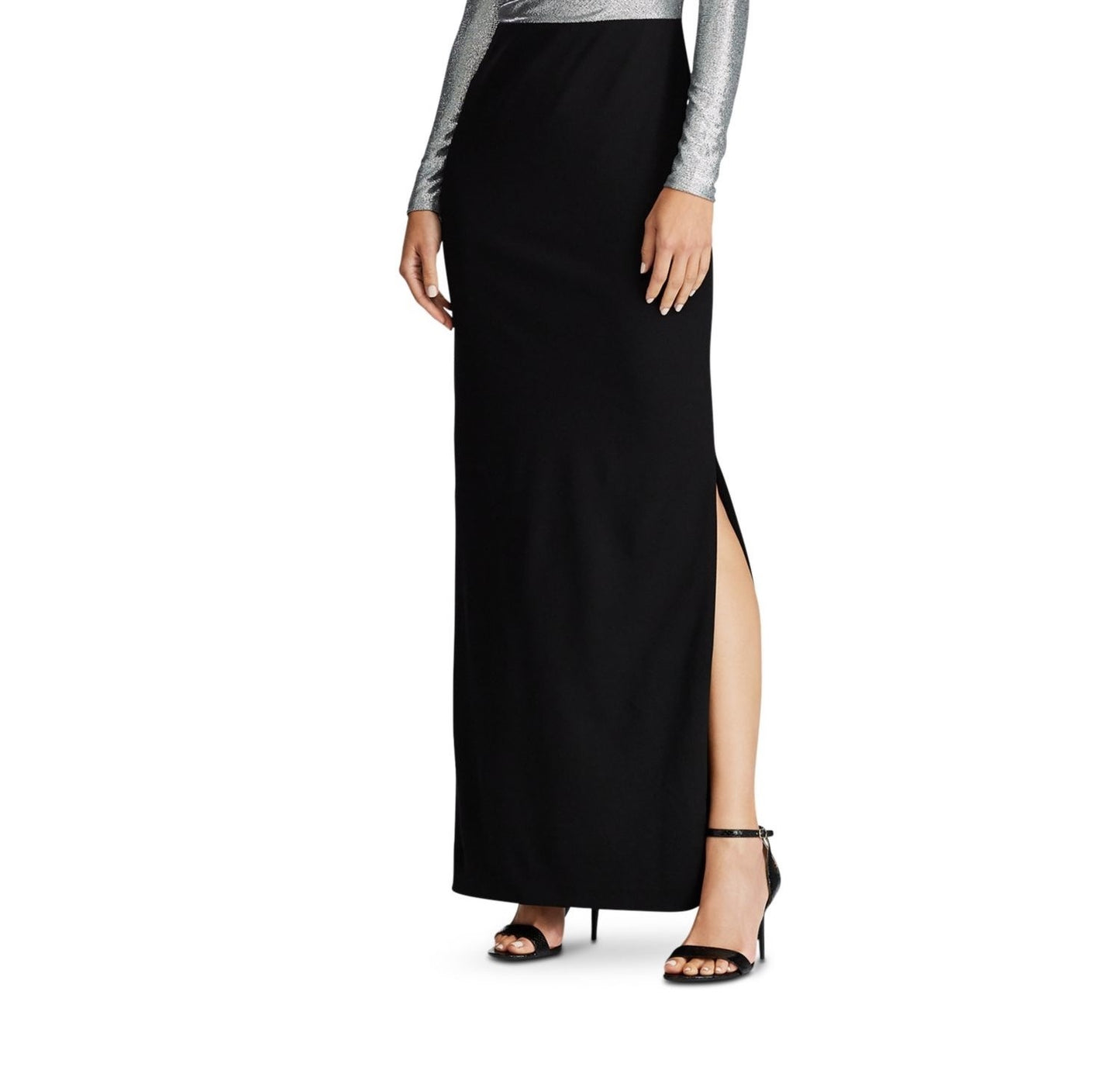 Vestido de festa longo com lantejoulas e decote assimétrico, manga comprida, preto, tamanho 14, da Ralph Lauren