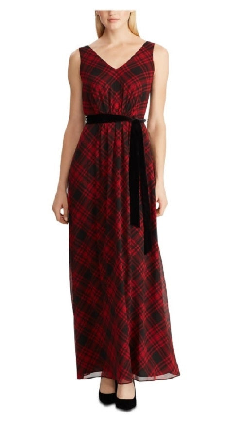 Vestido longo xadrez sem mangas com cinto e decote em V Ralph Lauren feminino, preto, tamanho 6