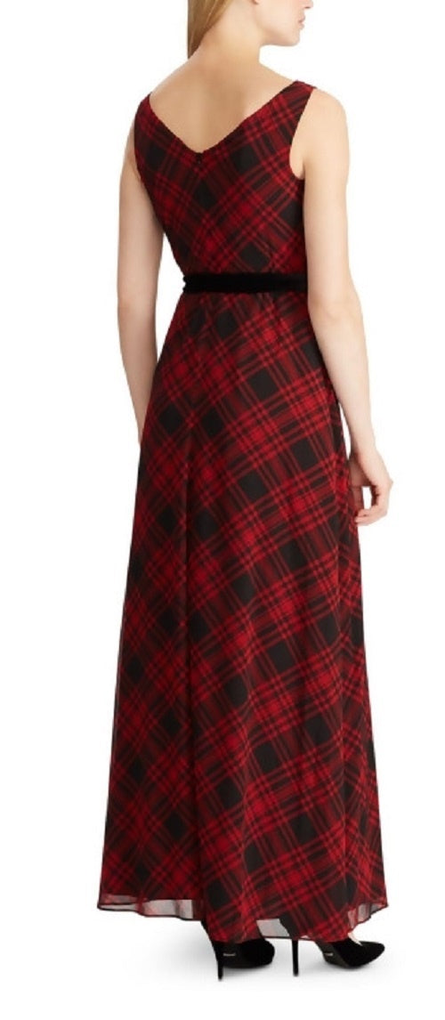 Vestido longo xadrez sem mangas com cinto e decote em V Ralph Lauren feminino, preto, tamanho 6