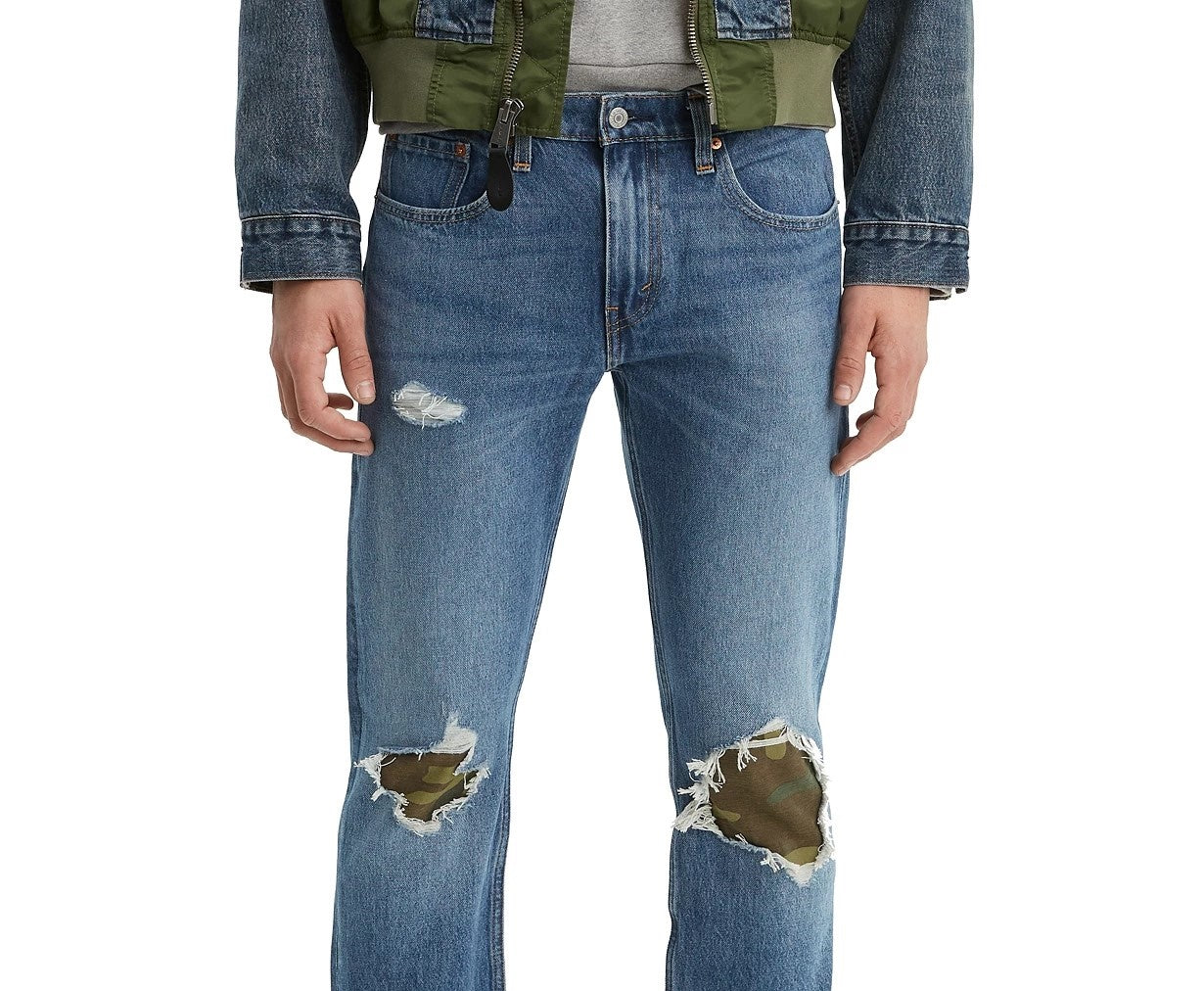 Calça jeans Levi's 502 Tapered Fit rasgada com estampa camuflada, tamanho 33x32, masculina, azul