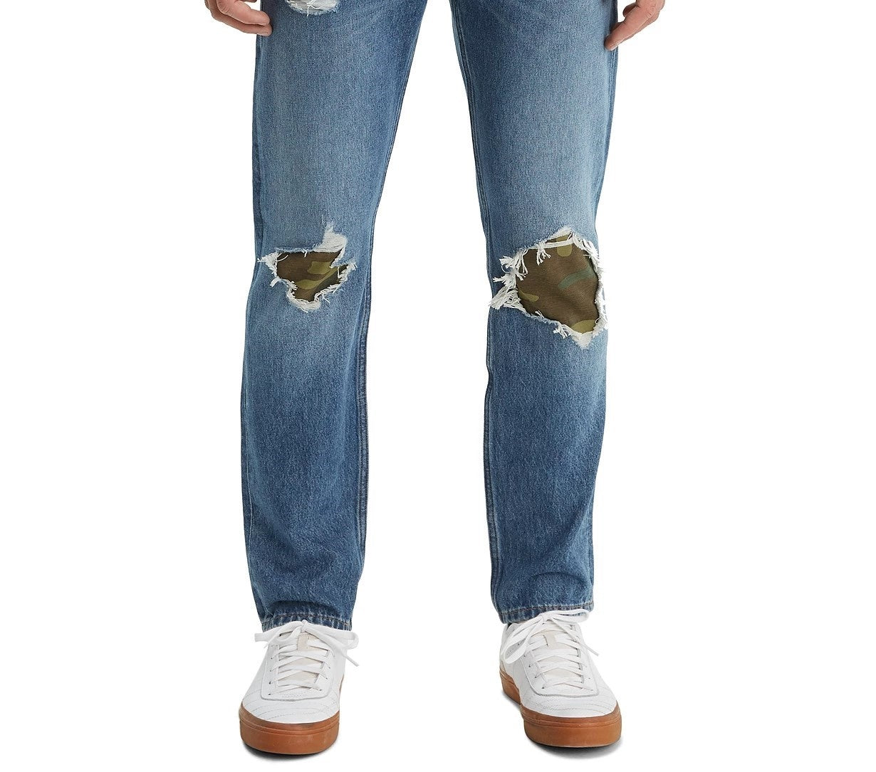 Calça jeans Levi's 502 Tapered Fit rasgada com estampa camuflada, tamanho 33x32, masculina, azul