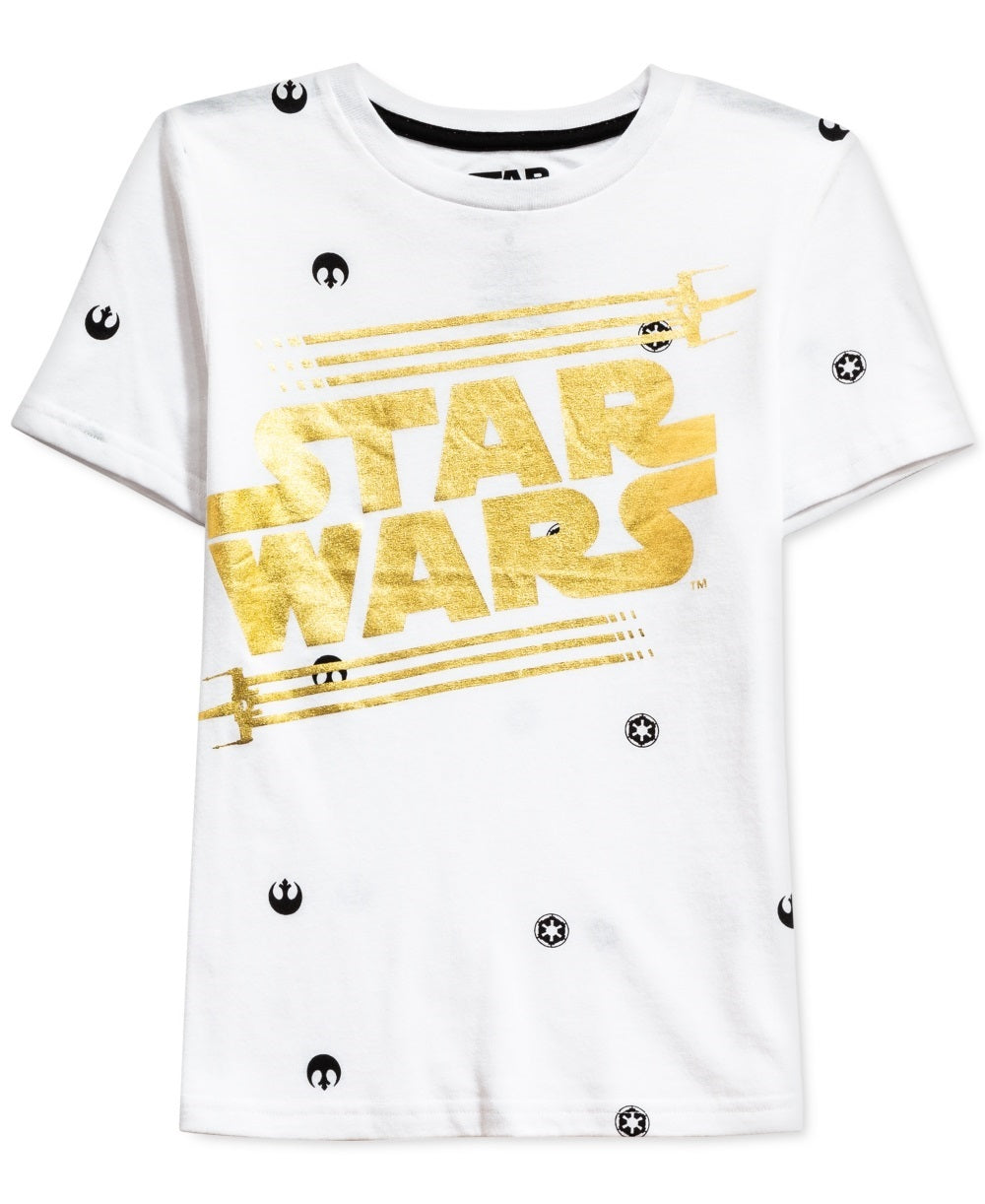 Camiseta infantil Star Wars com logotipo metálico para meninos, branca, tamanho 2