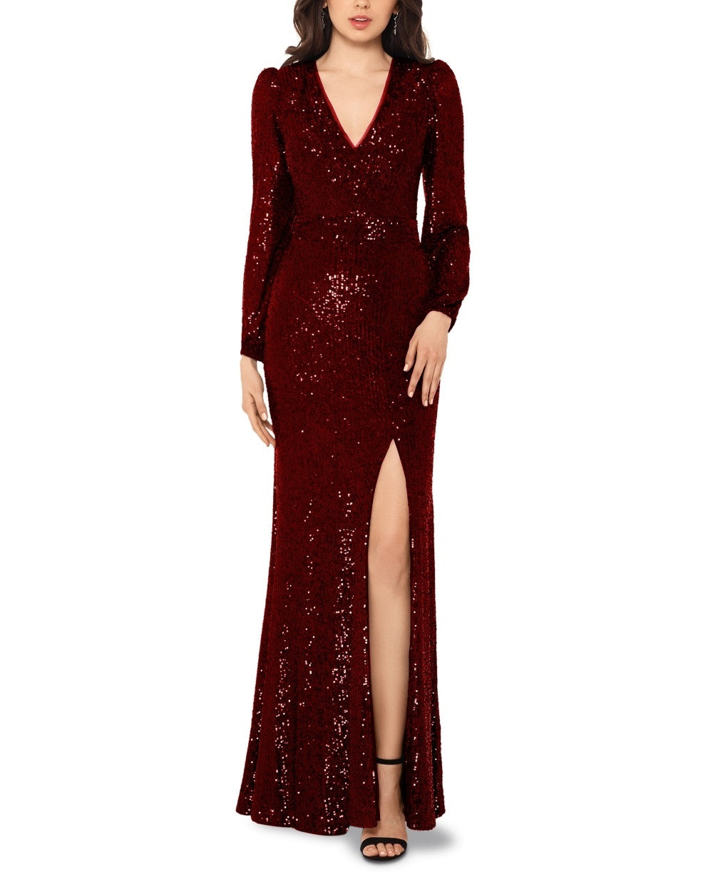 Vestido feminino Xscape com decote em V e lantejoulas, vermelho, tamanho 8
