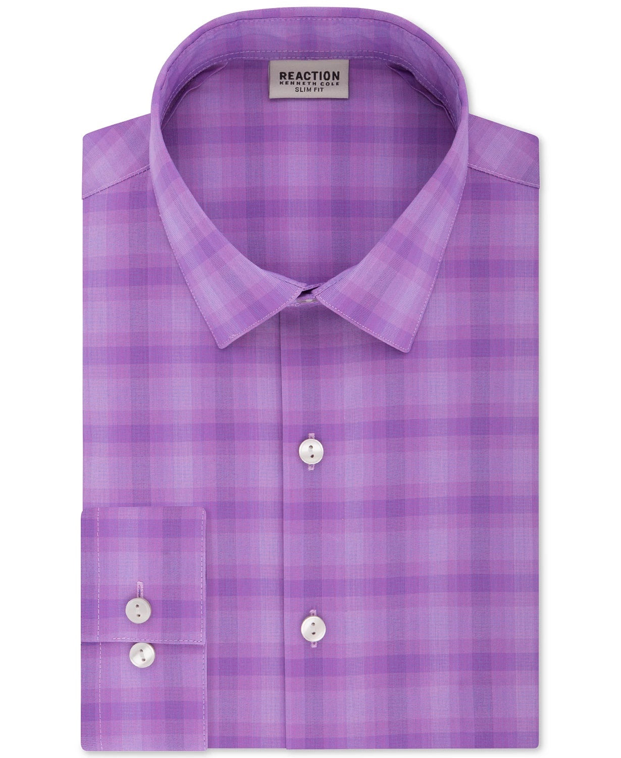 Camisa social masculina xadrez roxa Kenneth Cole Reaction com gola roxa, tamanho 18x34-35
