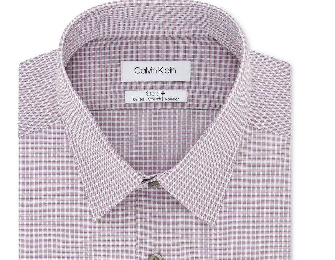 Camisa social masculina Calvin Klein Steel Slim-Fit, sem necessidade de passar, com elástico xadrez, rosa, tamanho 15x34-35
