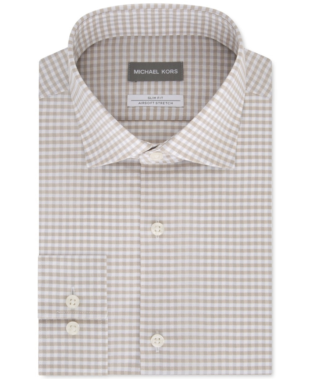 Camisa social masculina Michael Kors Hay Check Slim Fit Bege Tamanho 15,5 x 32 x 33