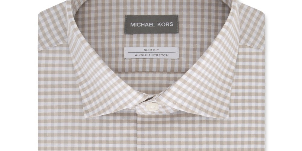 Camisa social masculina Michael Kors Hay Check Slim Fit Bege Tamanho 15,5 x 32 x 33