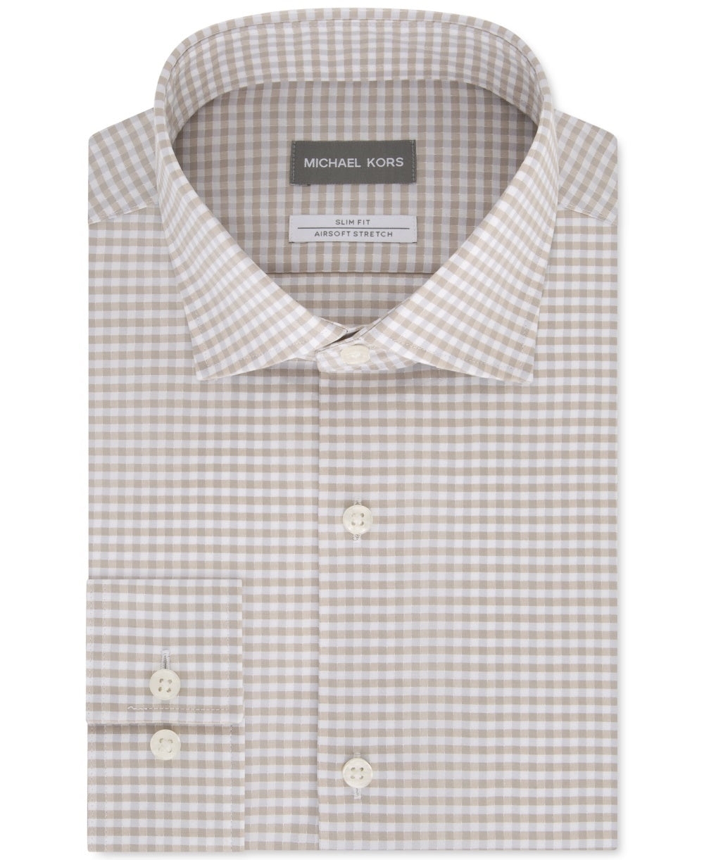 Camisa social masculina Michael Kors Slim-Fit sem passar a ferro Airsoft Performance Stretch Check, bege, tamanho 32-33