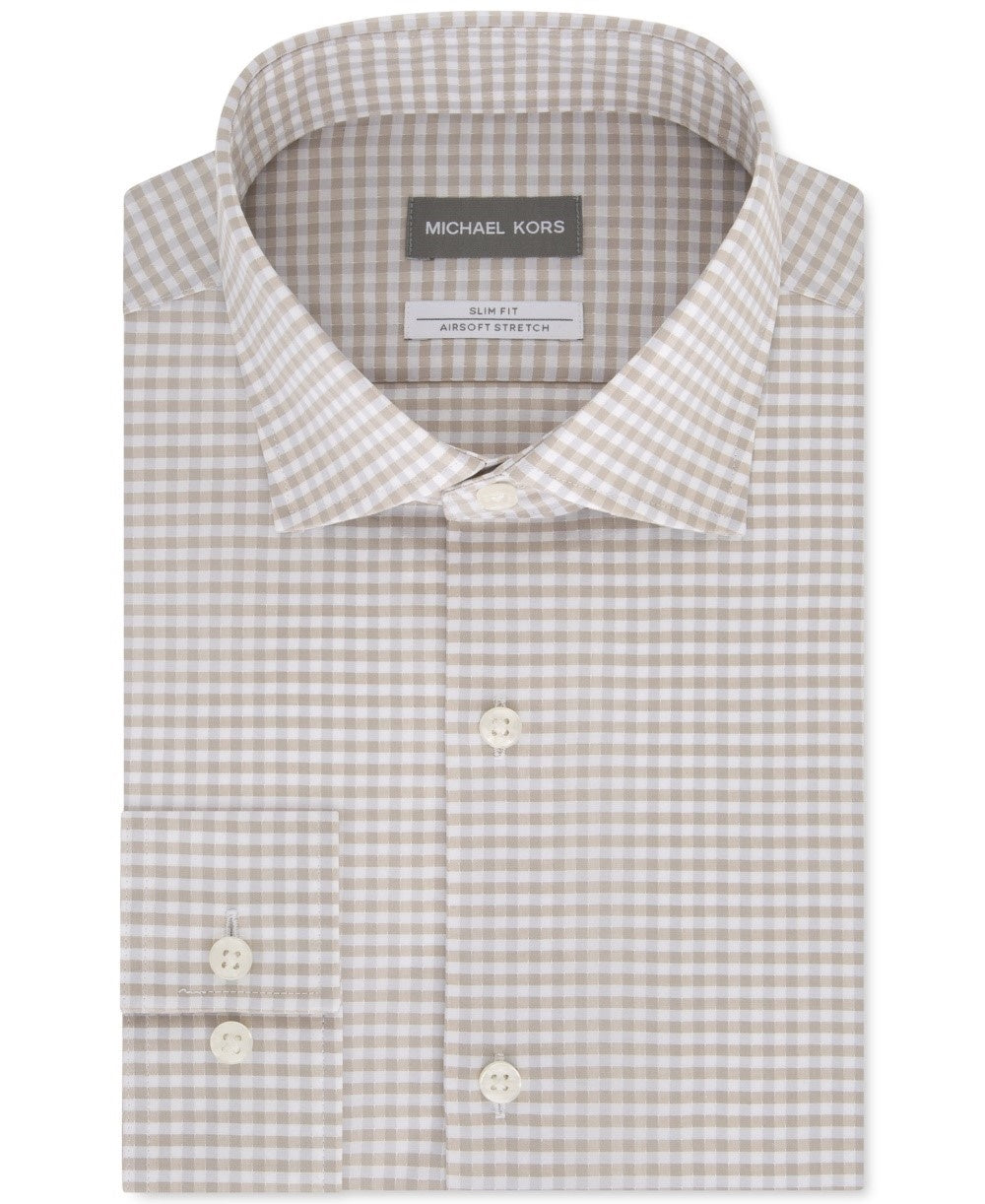 Camisa social masculina Michael Kors Slim-Fit sem passar a ferro Airsoft Performance Stretch Check, bege, tamanho 32-33