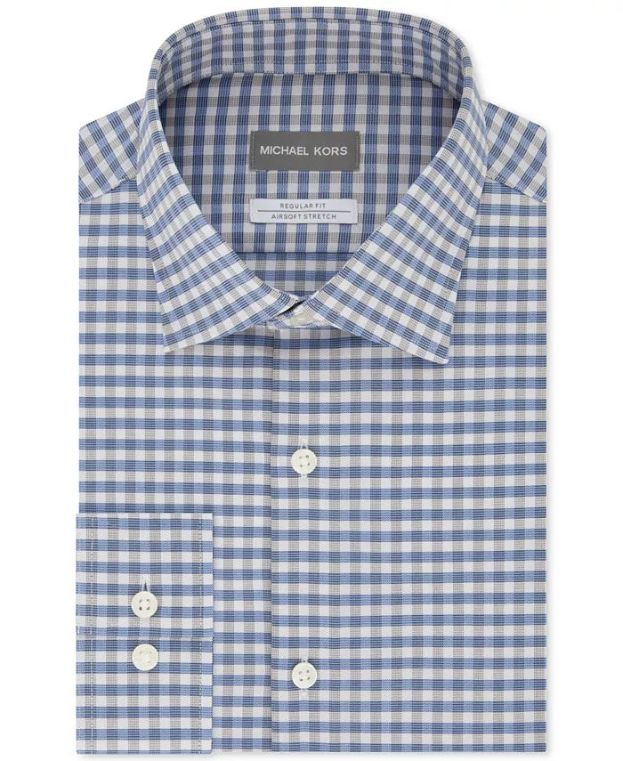 Camisa Masculina Michael Kors Classic Fit Airsoft Performance Stretch Gingham Azul Tamanho 18,5X34-35