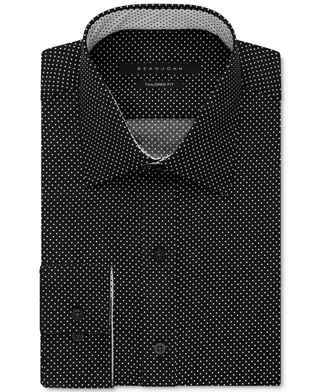 Camisa social masculina Sean John com bolinhas e ajuste sob medida, preta, tamanho 15,5 x 34 x 35