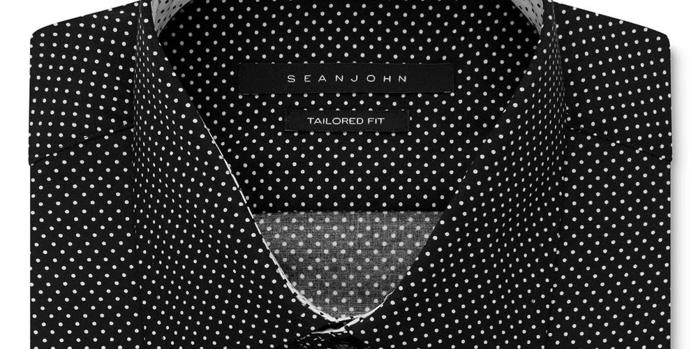 Camisa social masculina Sean John com bolinhas e ajuste sob medida, preta, tamanho 15,5 x 34 x 35