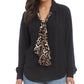 Karen Kane Blusa Feminina Manga Longa Estampada Contrastada Preta Tamanho P