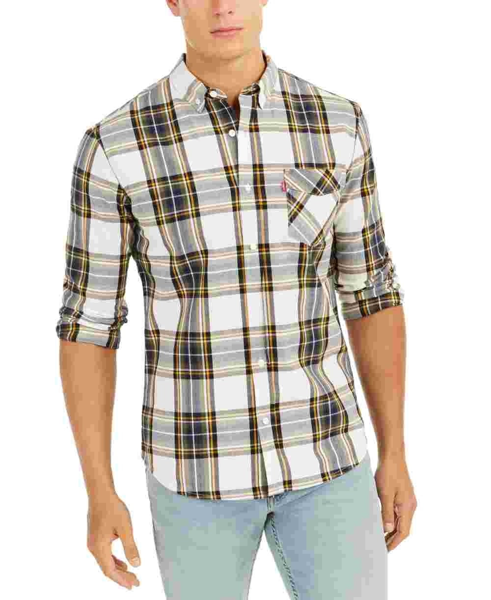 Camisa xadrez grande Levi's masculina com botões, branca, tamanho médio
