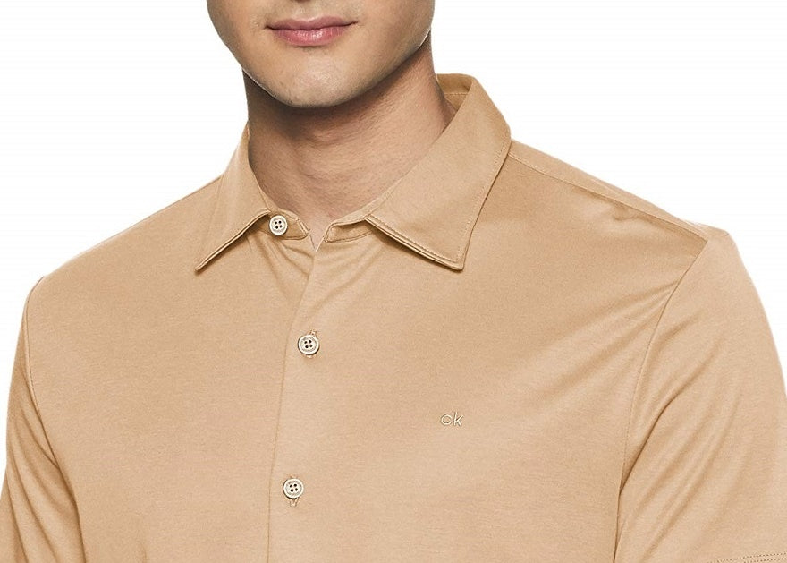 Camisa polo Calvin Klein masculina de manga curta com botões Liquid Touch, marrom, tamanho pequeno