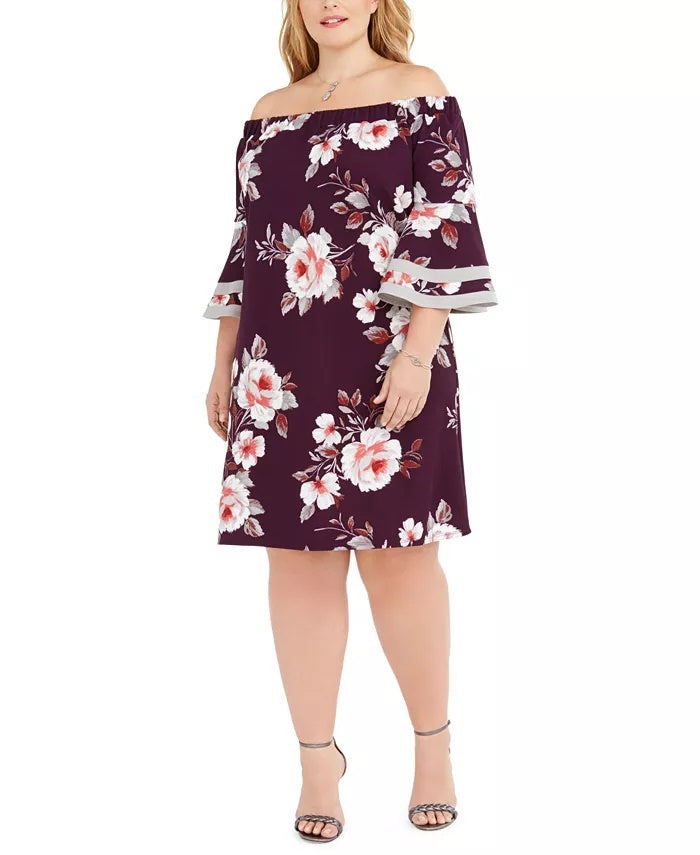 Vestido de festa feminino Love Squared com manga sino floral e ombro de fora, comprimento até o joelho, roxo, tamanho 1X