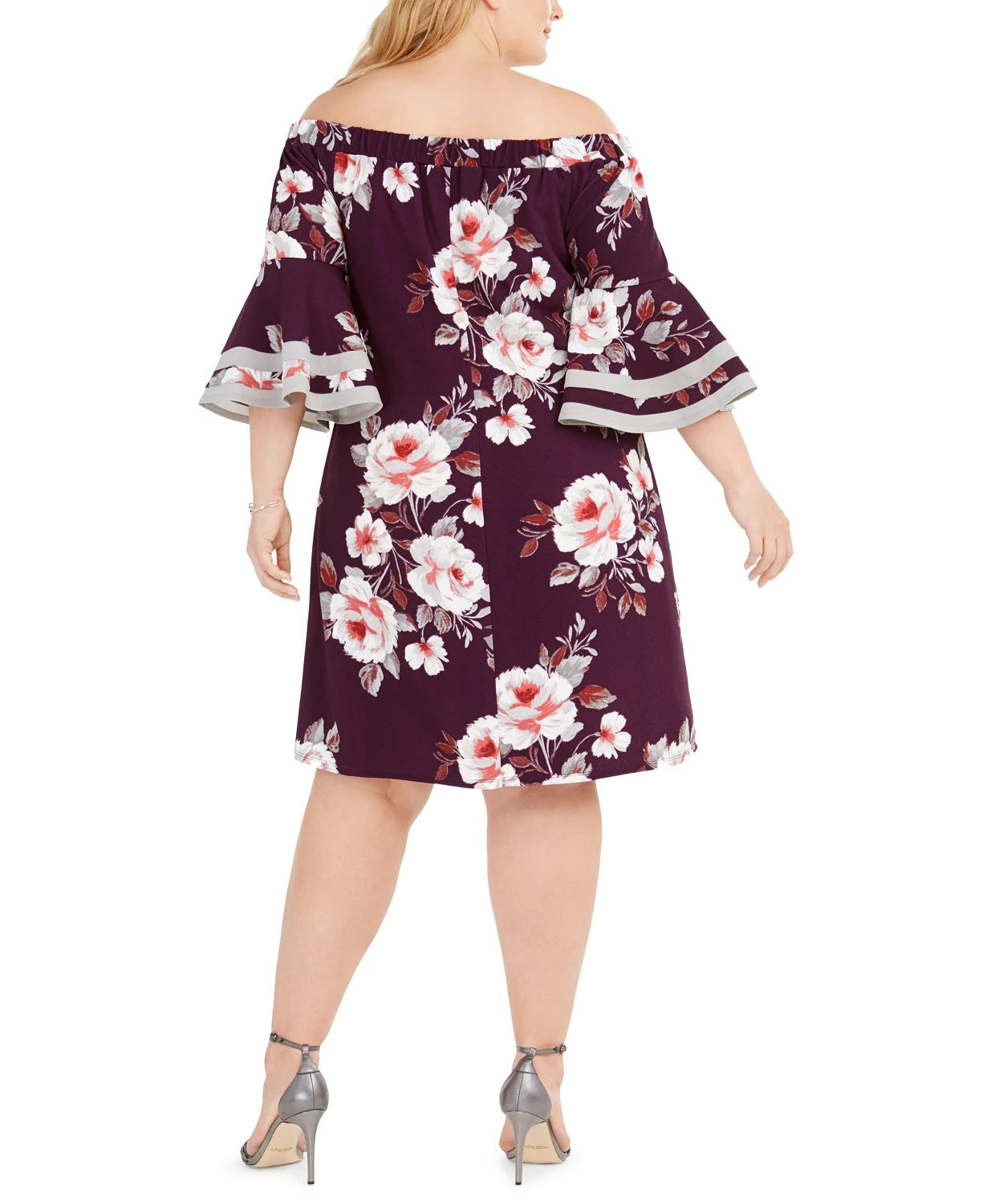 Vestido de festa feminino Love Squared com manga sino floral e ombro de fora, comprimento até o joelho, roxo, tamanho 1X