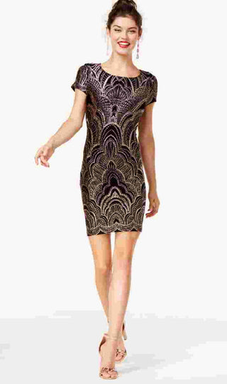 Jump Feminino Preto Manga Curta Decote Joia Acima Do Joelho Bodycon Vestido De Cocktail Preto Tamanho XX-S