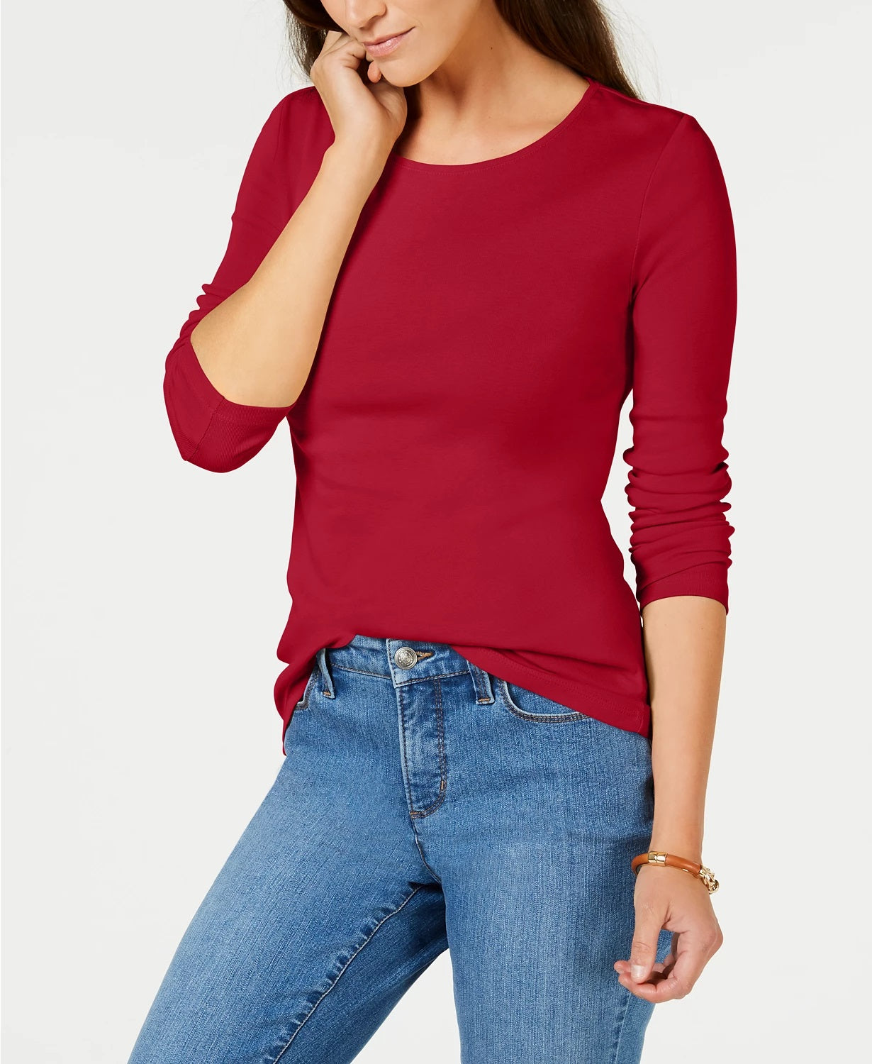 Camiseta feminina de manga comprida Charter Club Pima Cotton, vermelha, tamanho XS