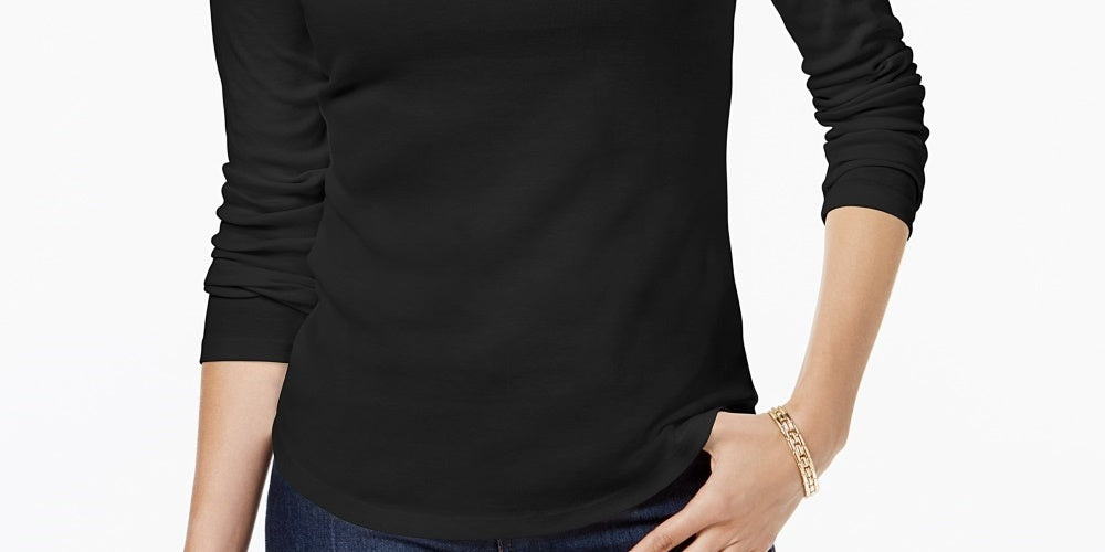 Camiseta feminina Charter Club de algodão com gola alta, preta, tamanho pequeno