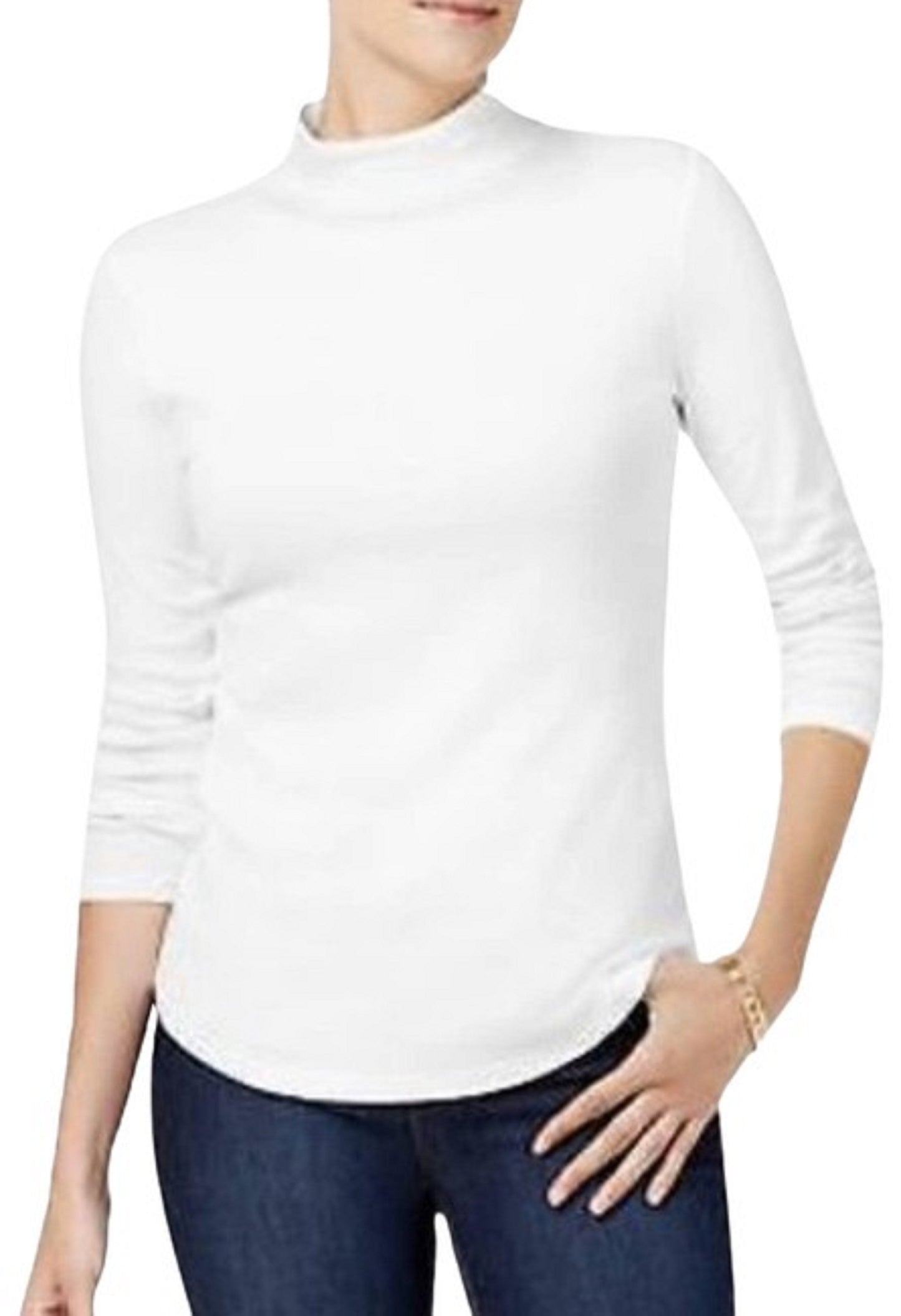 Camiseta feminina Charter Club de algodão com gola alta, branca, tamanho médio