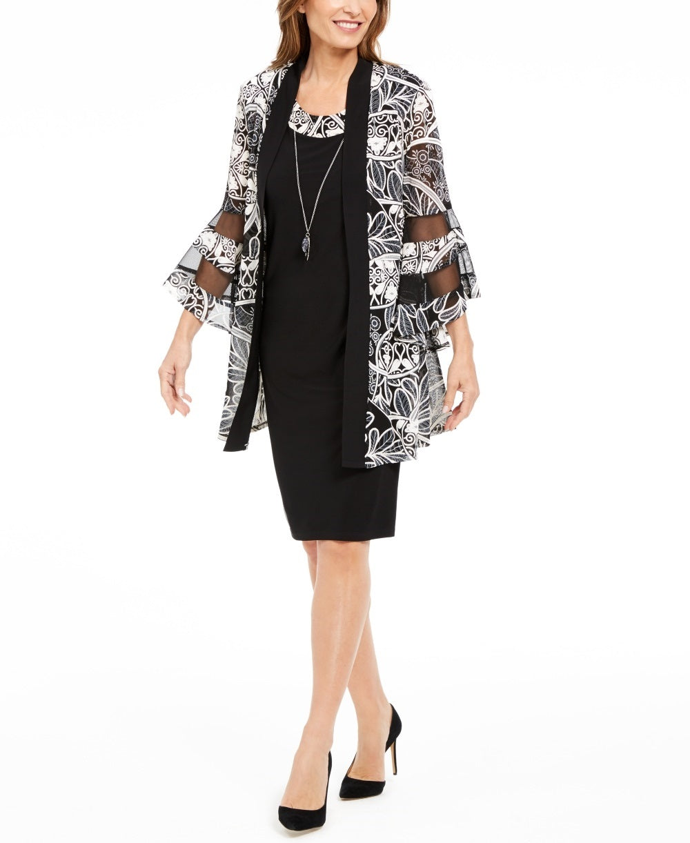 Vestido feminino R&amp;M Richards com colar e jaqueta estampada com manga sino, tamanho 4 Petite, cor carvão