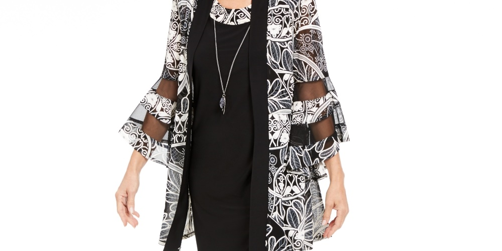 Vestido feminino R&amp;M Richards com colar e jaqueta estampada com manga sino, tamanho 4 Petite, cor carvão