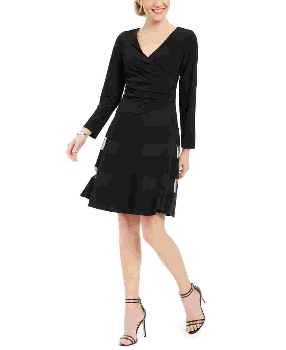 Vestido feminino preto de manga comprida com decote em V e comprimento até o joelho, tamanho 10, tamanho pequeno, da R&amp;M Richards