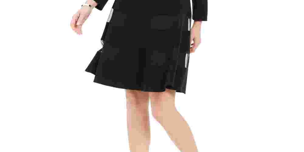 Vestido feminino preto de manga comprida com decote em V e comprimento até o joelho, tamanho 10, tamanho pequeno, da R&amp;M Richards