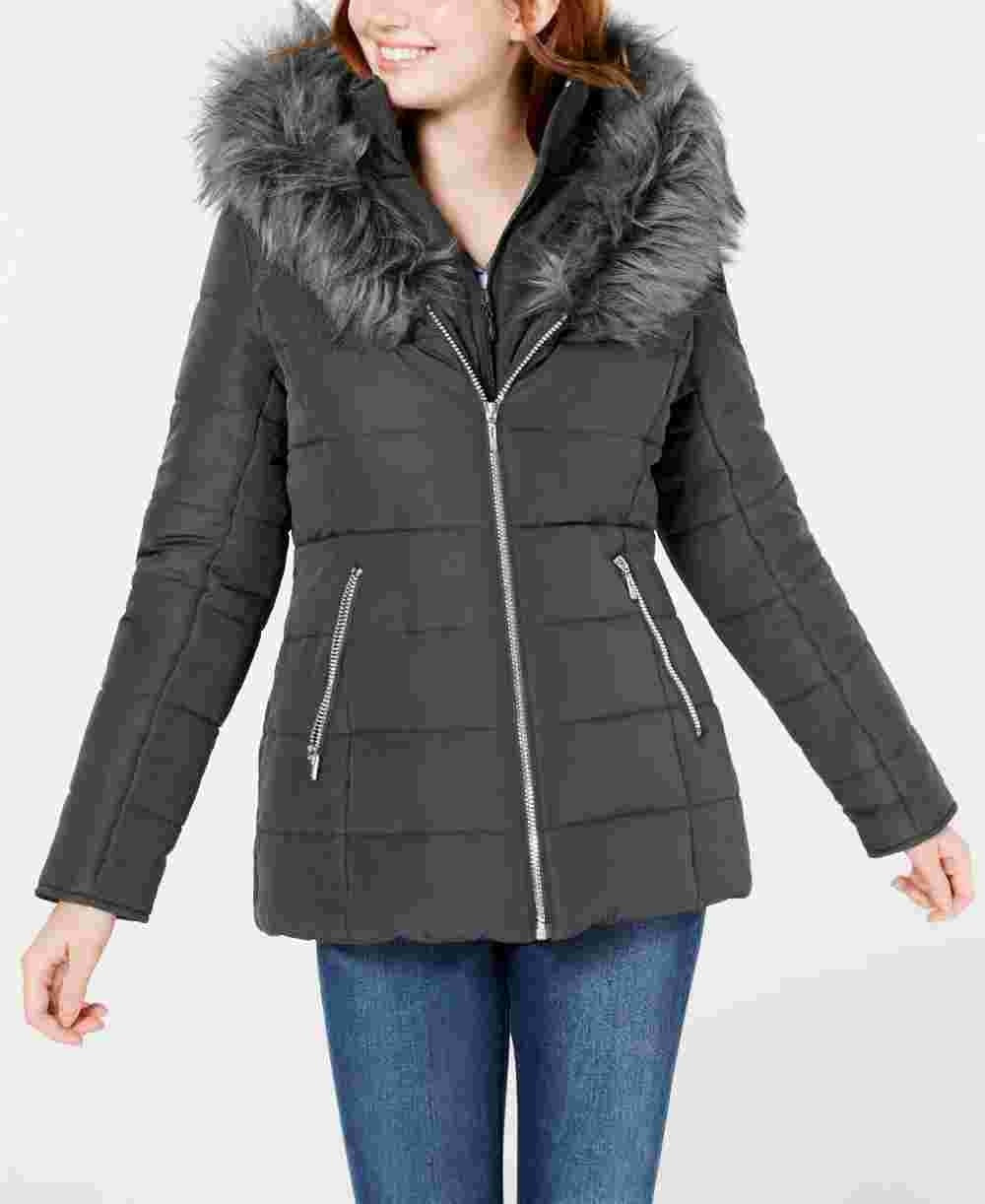 Jaqueta acolchoada com capuz e acabamento em pele sintética Maralyn &amp; Me feminina, manga comprida, cinza, tamanho médio