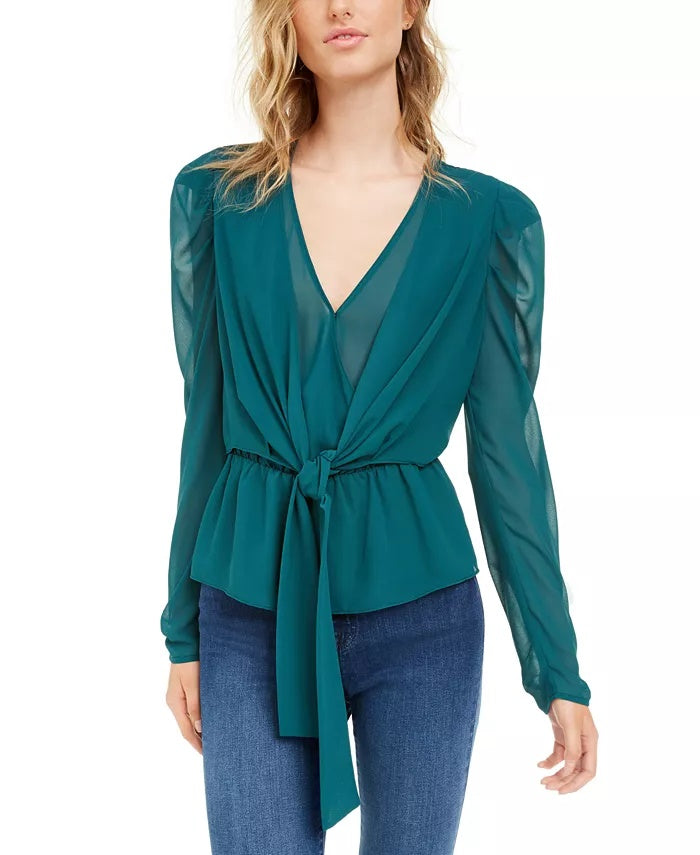 Blusa feminina LEYDEN com manga bufante e amarração frontal, azul escuro, tamanho médio