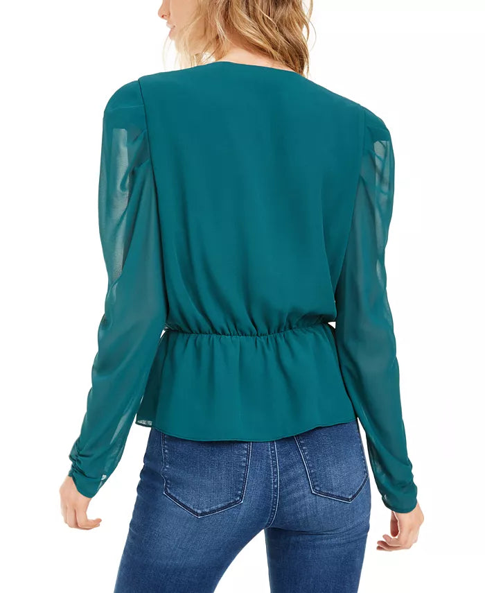 Blusa feminina LEYDEN com manga bufante e amarração frontal, azul escuro, tamanho médio