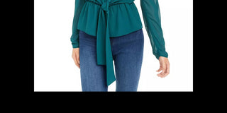 Blusa feminina LEYDEN com manga bufante e amarração frontal, azul escuro, tamanho médio