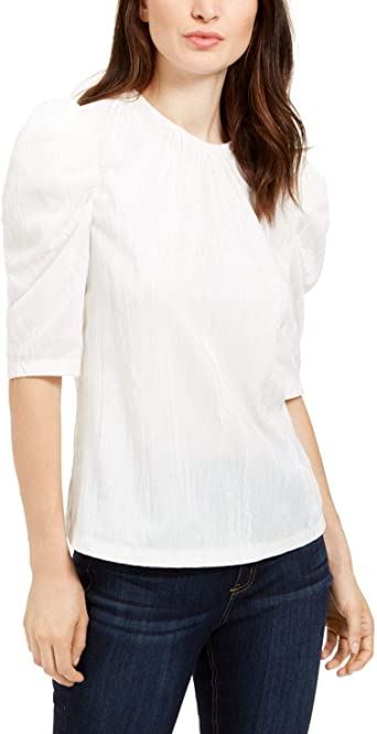 Blusa feminina Leyden de veludo amassado com manga bufante, branca, tamanho médio