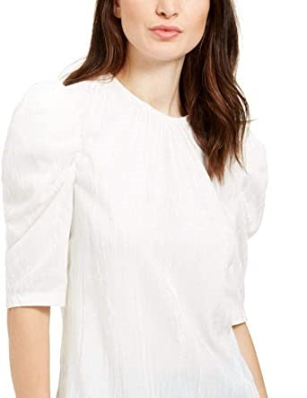 Blusa feminina Leyden de veludo amassado com manga bufante, branca, tamanho médio