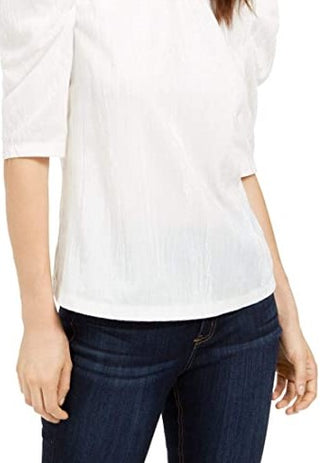 Blusa feminina Leyden de veludo amassado com manga bufante, branca, tamanho médio