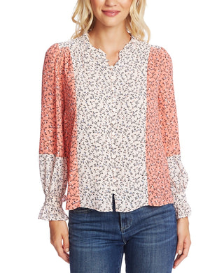 CeCe Women's Budding Floral Colorblock Long Sleeve Top Orange Size Medium