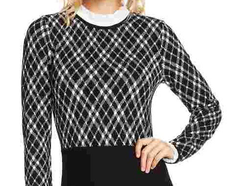 Vestido suéter feminino Cece com gola babada em jacquard e ajuste evasê, preto, tamanho grande