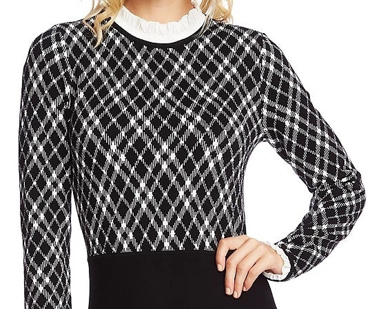 Vestido de malha feminino Cece, manga comprida, ajuste evasê, preto, tamanho médio